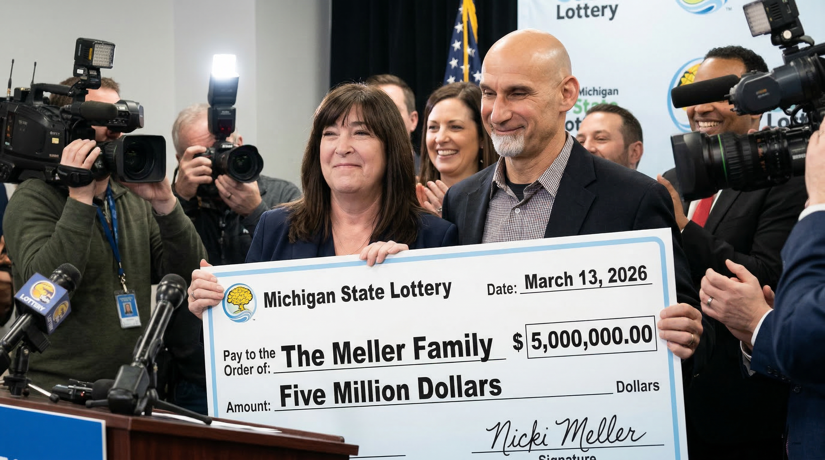 Bob & Nicki Meller hold an oversized ceremonial check after winning the Michigan Lottery jackpot